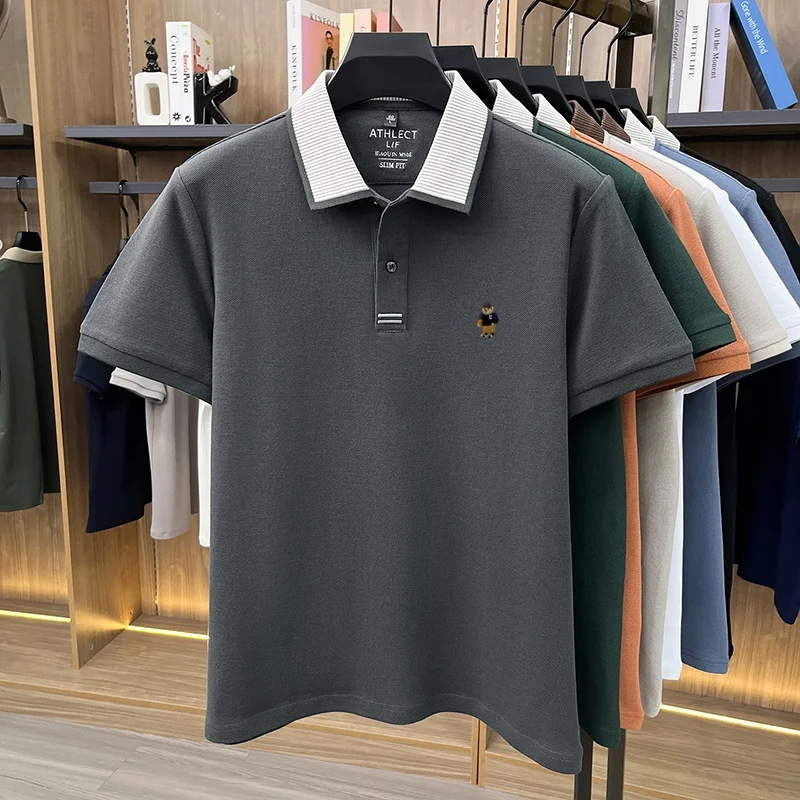 Luxuriöses 100% Baumwoll-Kurzarm-Poloshirt für Herren, neuer Trend, Marken-Cartoon-Bären-Stickerei, atmungsaktives, bequemes, lässiges Sommer-T-Shirt – Detail 23