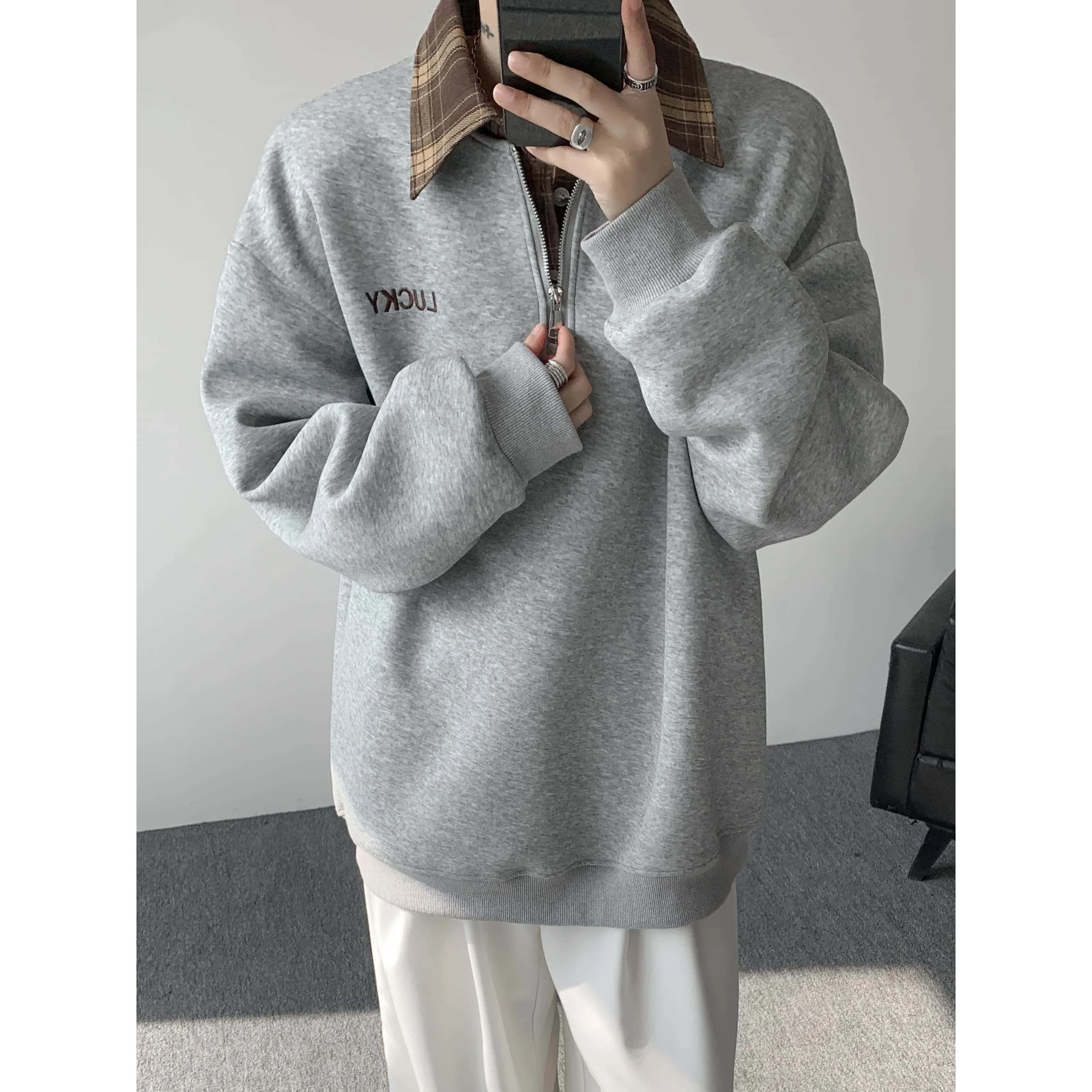 Polo Collar Zip-up Sweatshirt, Plaid Collar Splice Fake Two-Piece Top, Soft Breathable Casual Outerwear, Plus Size M-5XL