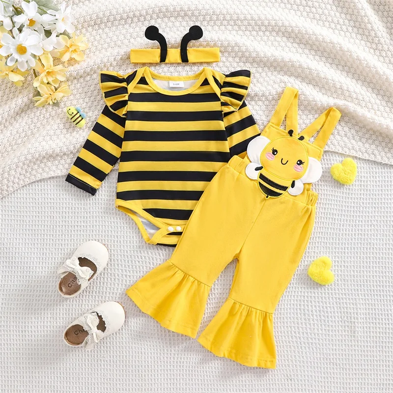 

Cute Baby Girls 3 Pieces Sets Striped Long Sleeve Romper Bee Patch Long Flare Overalls Hair Band Outfits Costume