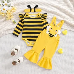 Tregren 0-18M Infant Newborn Baby Girls Bee 3pcs Clothes Sets Striped Long Sleeve Romper with Bee Patch Flare Overalls Hairband