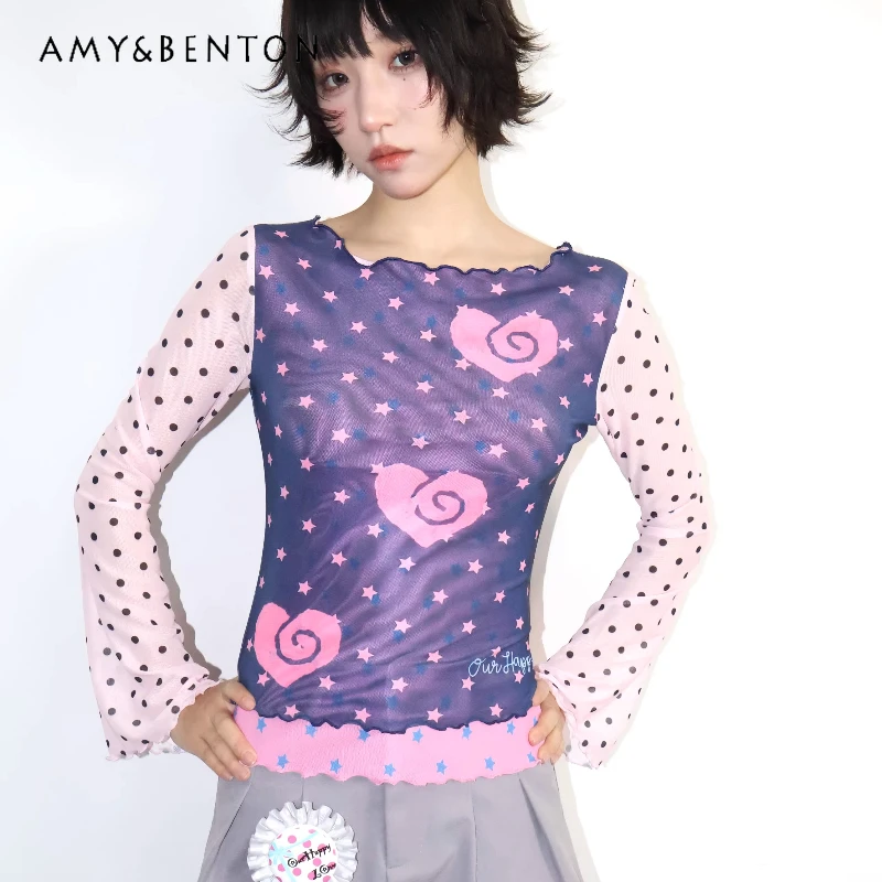 

2026 Spring Pink Blue Polka Dot Y2K Fake Two-Piece Women's T-Shirt Original Design Stretch Bell Sleeve Sun Protection Top Girl