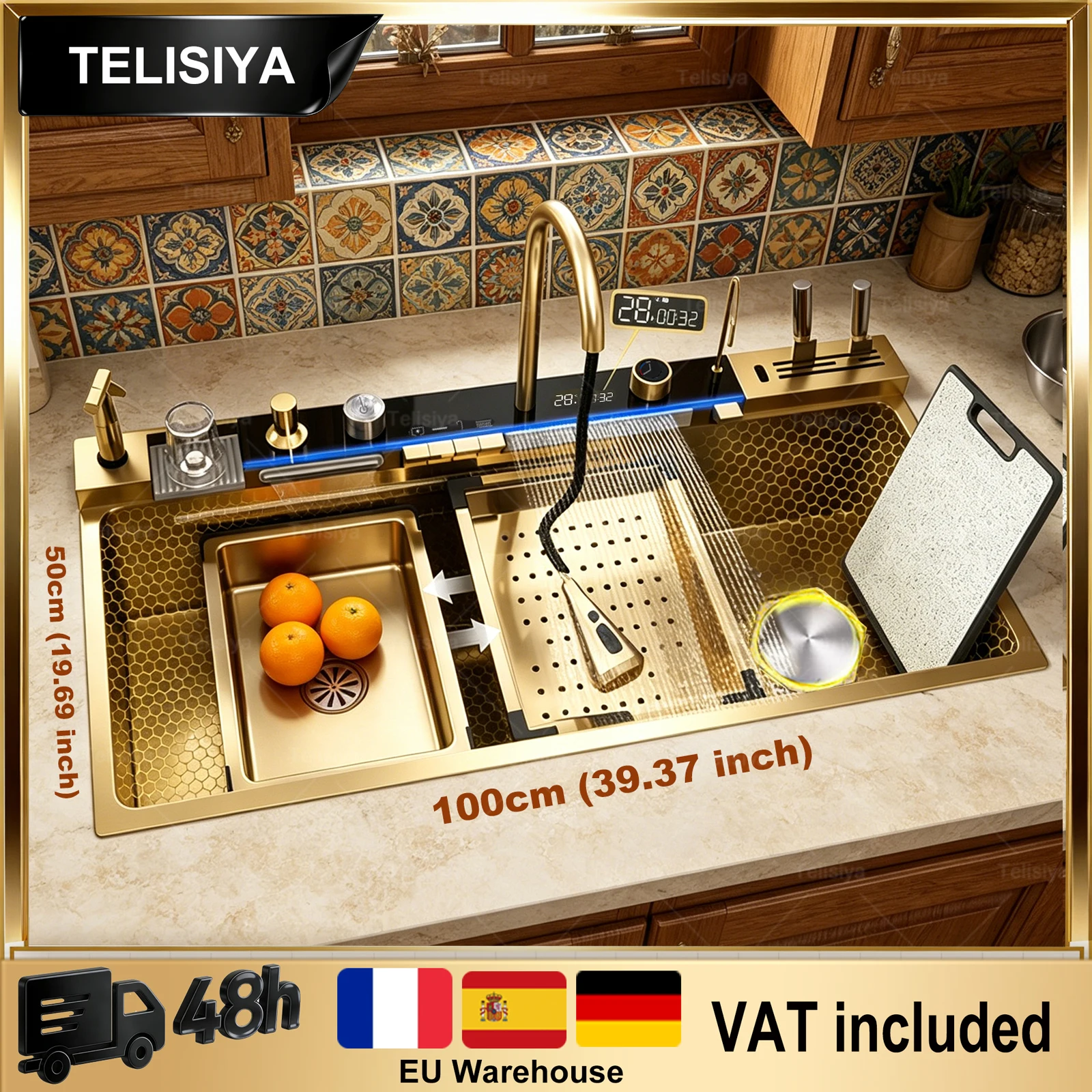 Modern Stainless Steel Kitchen Sink Multifunctional Sinks Waterfall Golden Large Single Slot Digital Display Washing Basin