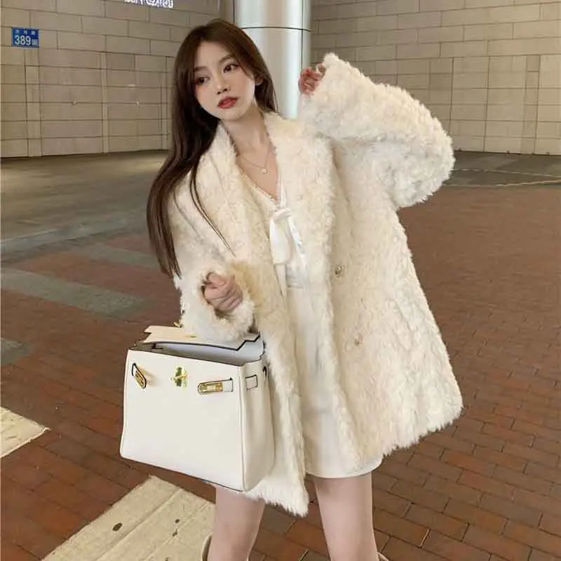 Autumn Fashion Lamb Fleece Jacket Women Winter Warm Double Breasted Plush Outerwear Loose Solid V Neck Long Sleeve Fur Coats