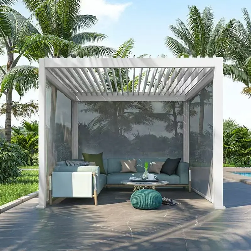 Outdoor Hurricane Impact Resistant Heavy Duty Aluminum Alloy Pavilion Electrically Adjustable Blinds Pergola Backyard Gazebo