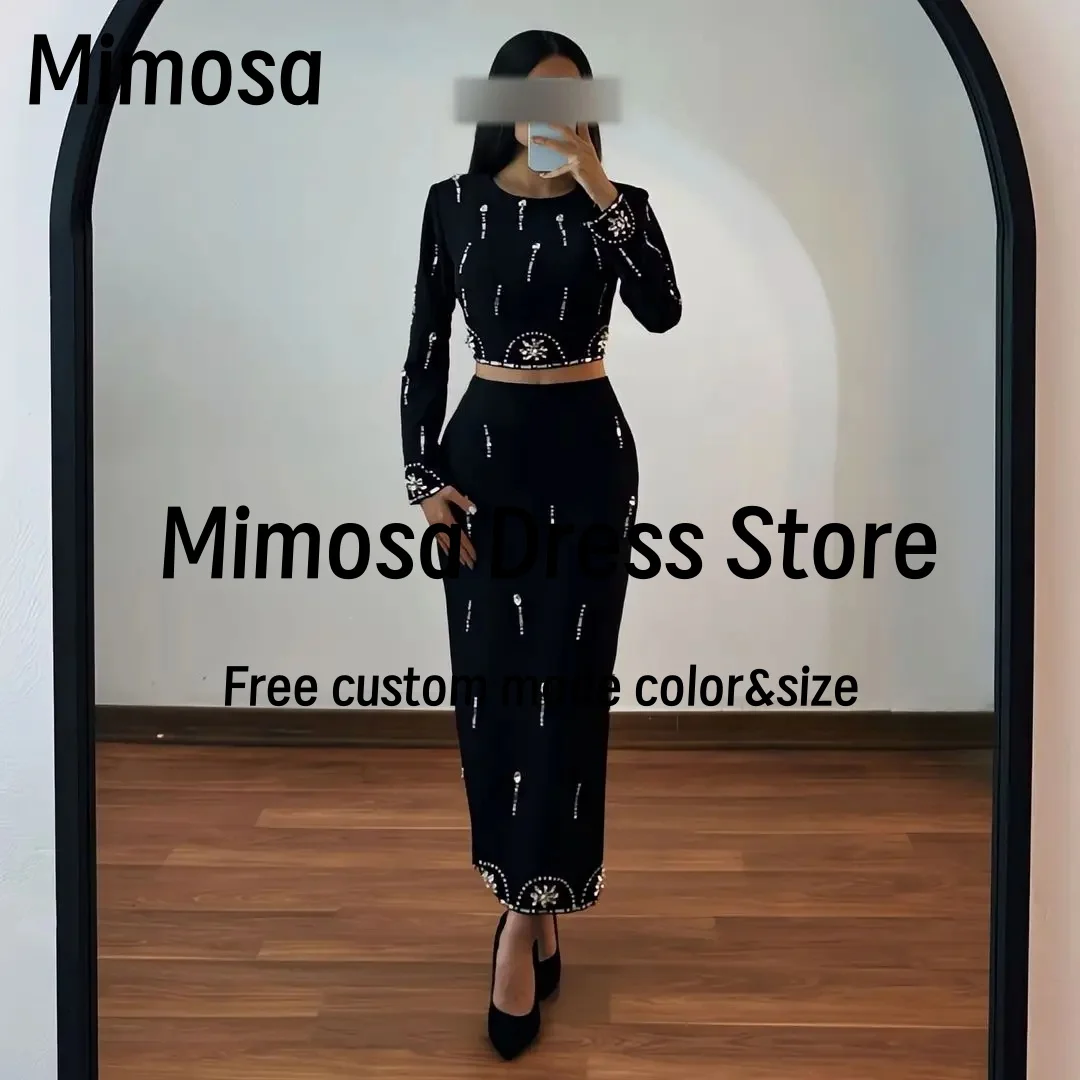 

Mimosa Two Pieces Prom Dresses Handmade Crystals Ankle Length Robe Des Cocktail Dress Long Sleeves Evening Gowns Customized