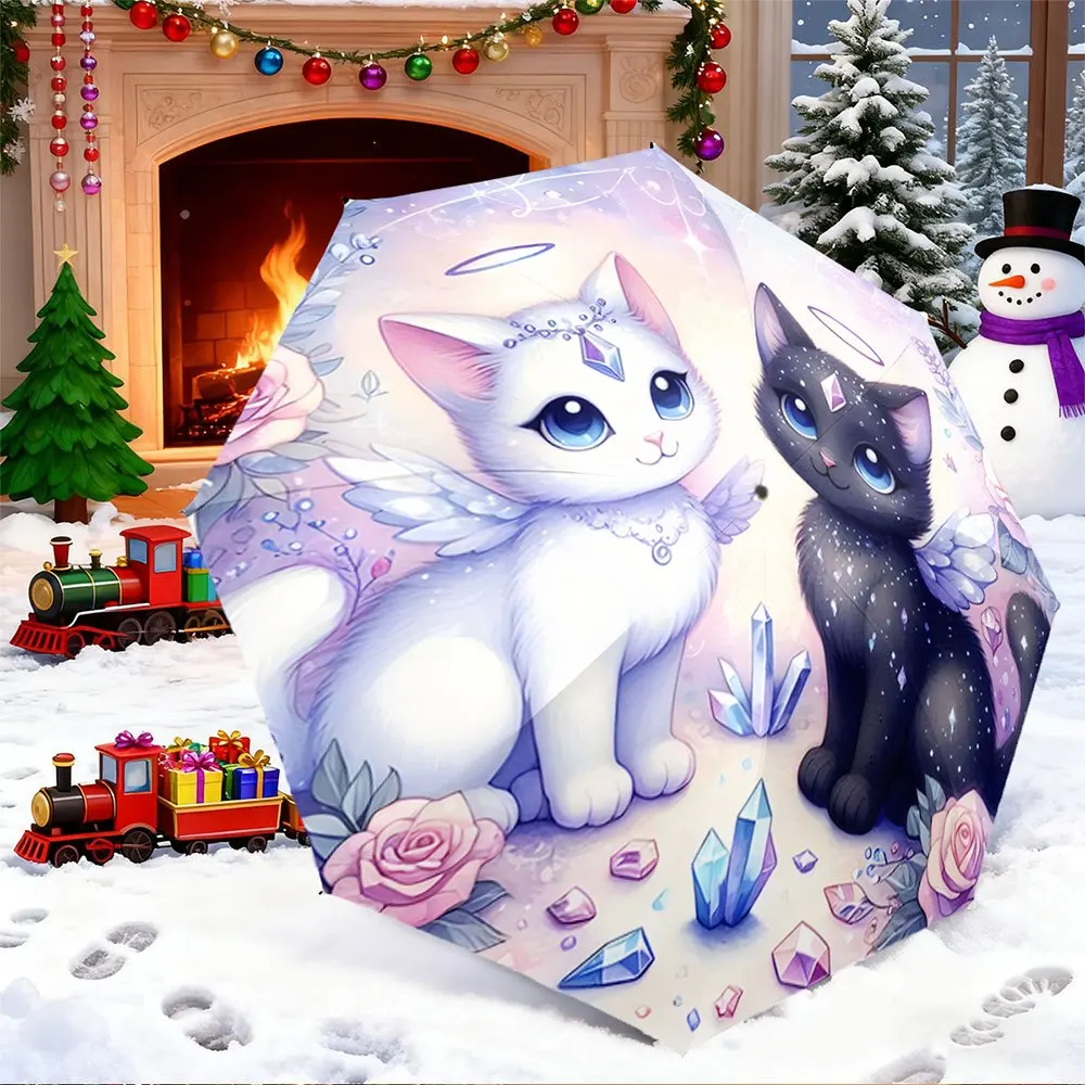 

Open/Close Portable Folding Umbrella with Winged Crystal Design (Snowflake & Midnight) - 8-Rib Compact Umbrella for &, Fashio