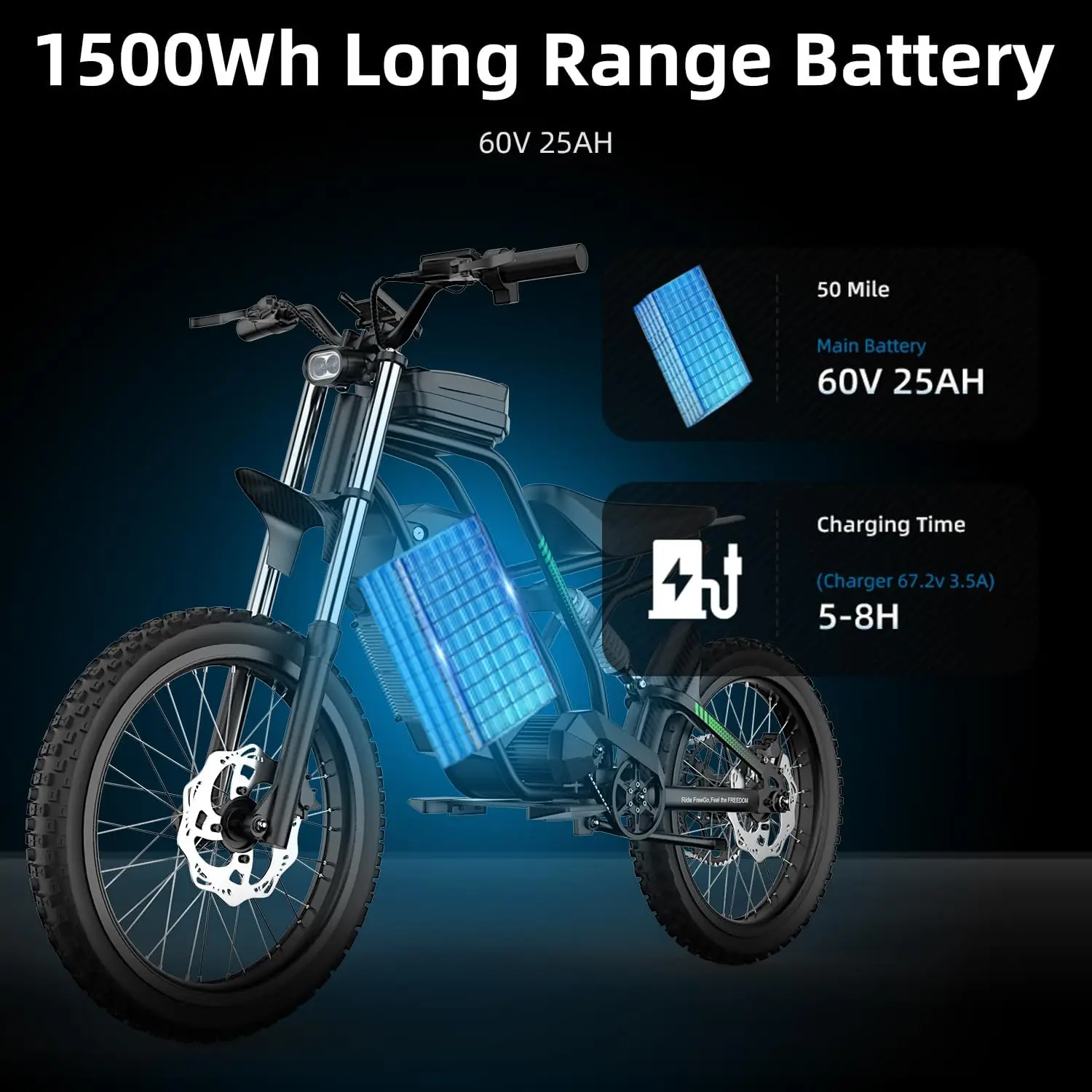 Freego Nova 3 دراجة كهربائية ثنائي الوضع دراجة ترابية كهربائية 3000 واط محرك 60 فولت 25 أمبير بطارية 40MPH على الطرق الوعرة دراجة الفرامل الهيدروليكية