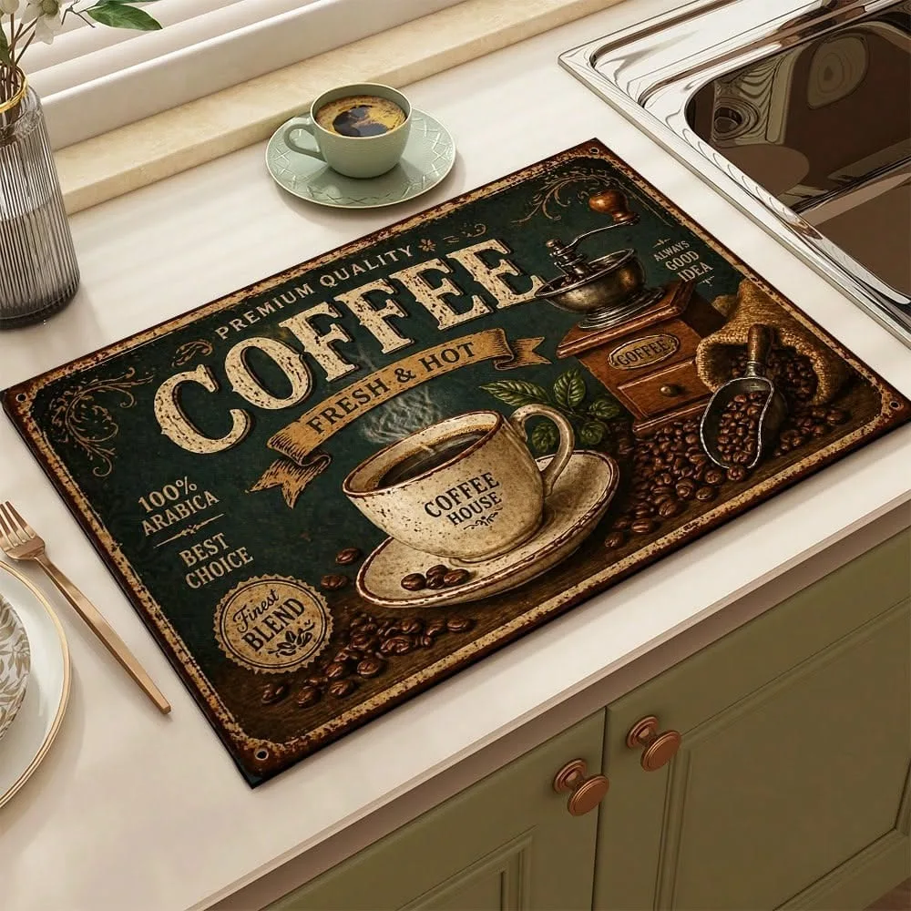 Coffee Machine Mat Three Red Coffee Cups Printed Absorbent Pad Black Brown Vertical Stripes Steaming Smoke for Countertop