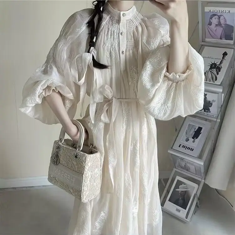 

Korea Flower Embroidery Lantern Long Sleeves Dress Heavy Industry Solid Loose Lace Up Dresses French Style Big Hem