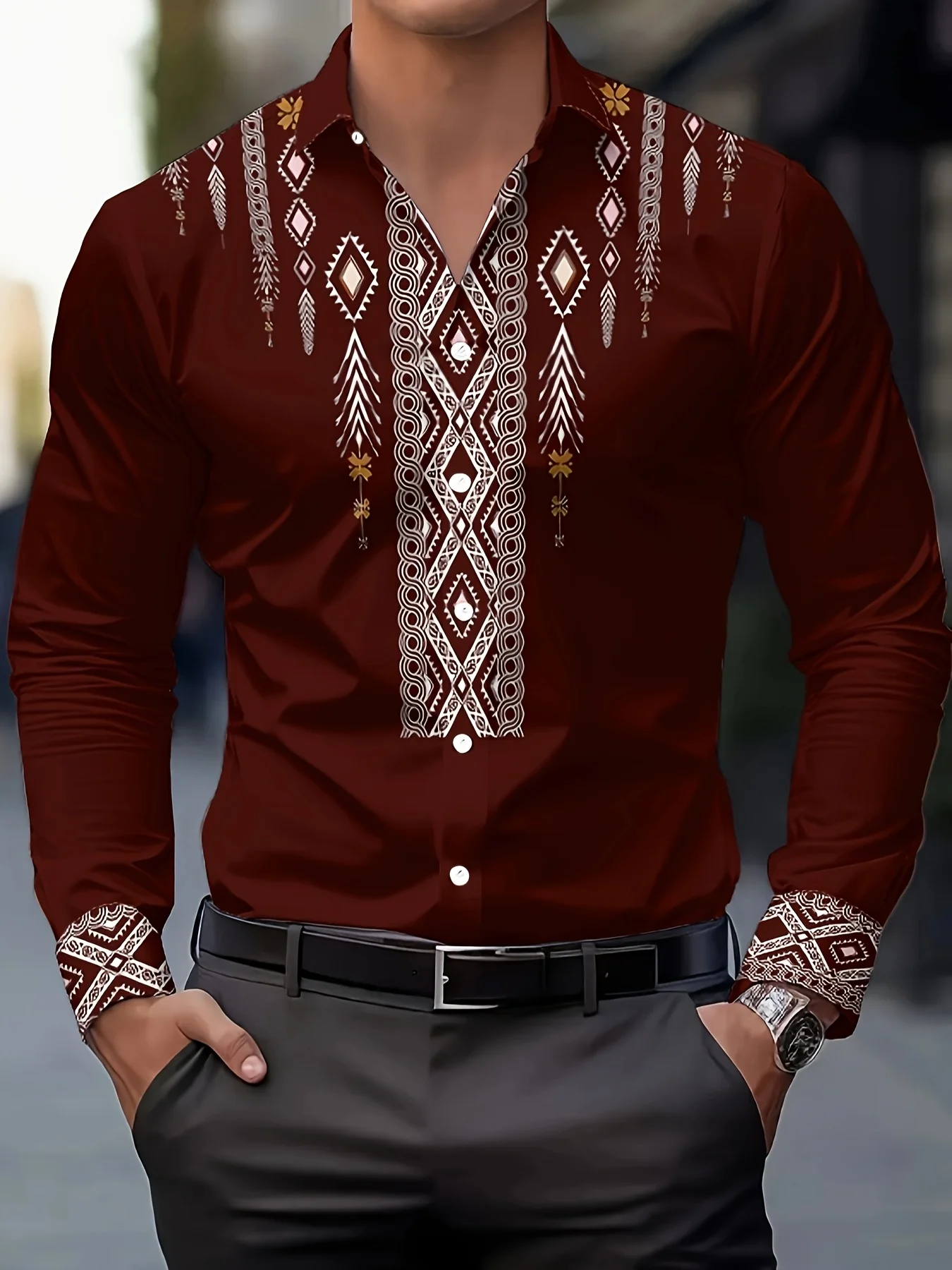 Men's Ethnic Print Casual Shirt - Breathable Long Sleeve Button-Up with Geometric Pattern, Regular Fit Machine Washable