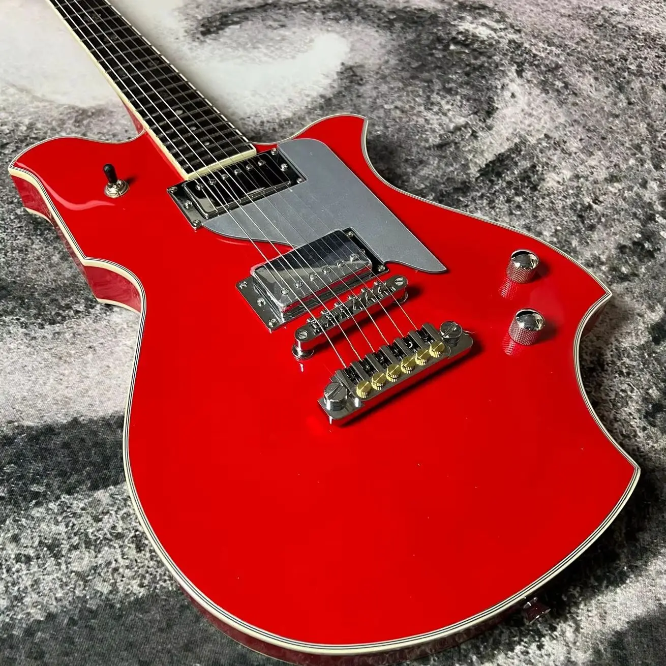Asymmetric Solid Body Electric Guitar, Gloss Bright Red Finish, Multi-layer Cream Binding, Silver Pickguard