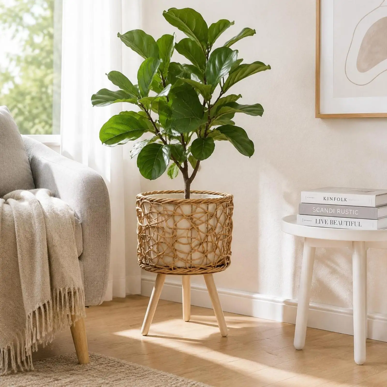Rattan Planter Stand Indoor Decorative Woven Basket Flower Pot Holder Tripod Base for Living Room Plant Display