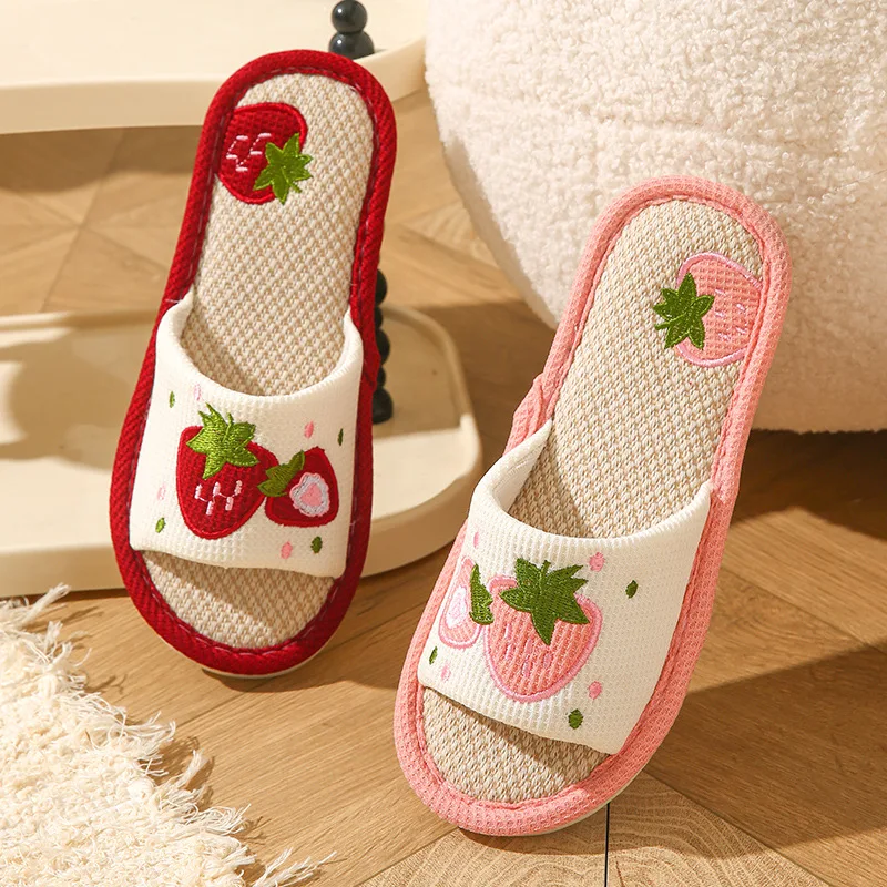Strawberry Linen Women Slippers Home Open-Toe Designer Summer Girls Indoor Slides Non-Slip Soft Silent Breathable House Slippers view 3