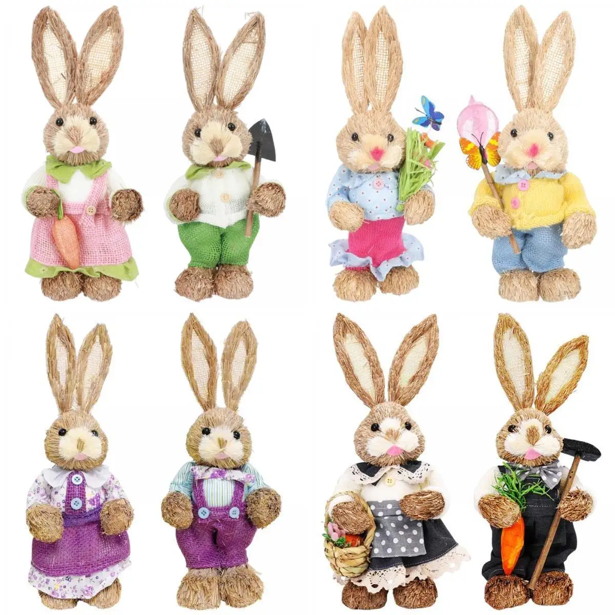 

8pcs Straw Easter Ornament Bunny Statues Art Garden Tabletop Ornament