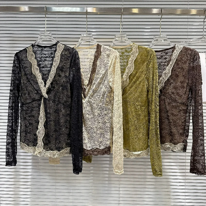 2026 Autumn Women Sexy Deep V Wrap Lace Top Long Sleeve Floral Sheer Mesh Scallop Trim Tops Vintage Loose Y2K Elegant T-shirt