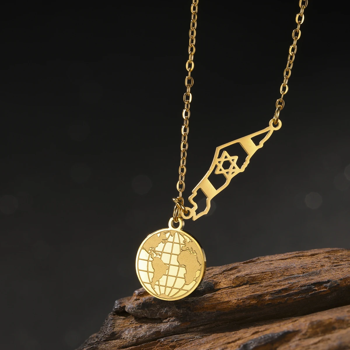 LIKGREAT World Map Israel Star of David Pendant Necklaces for Women Men Earth Globe Round Stainless Steel Necklace Jewelry Gifts