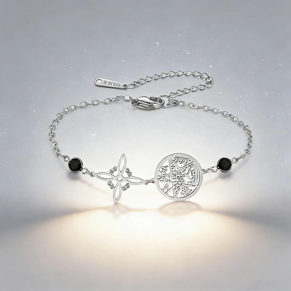 Pulsera de triple protección Nudo de bruja Tetragrammaton Piedra negra Joyería de acero inoxidable