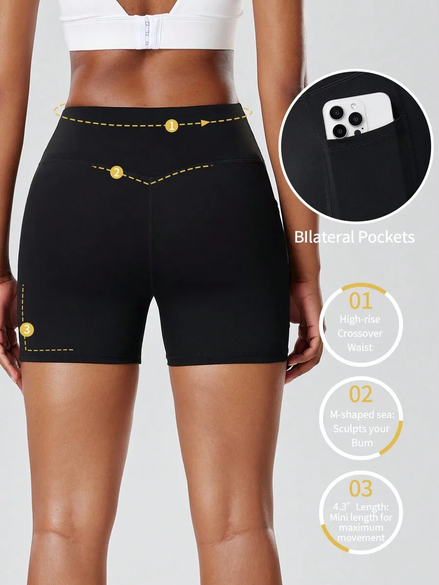 

Women High Waist Yoga Shorts With Pockets Black Biker Shorts For Running Cycling Workout