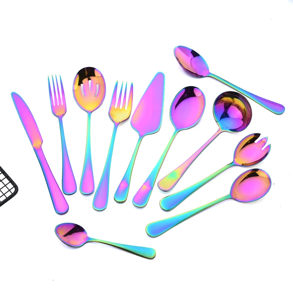 AJOYOUS Dinnerware Set Rainbow Tableware Stainless Steel Cutlery Salad Fork Spoon Service Spoon Soup Spoon Cake Shovel Kitchen