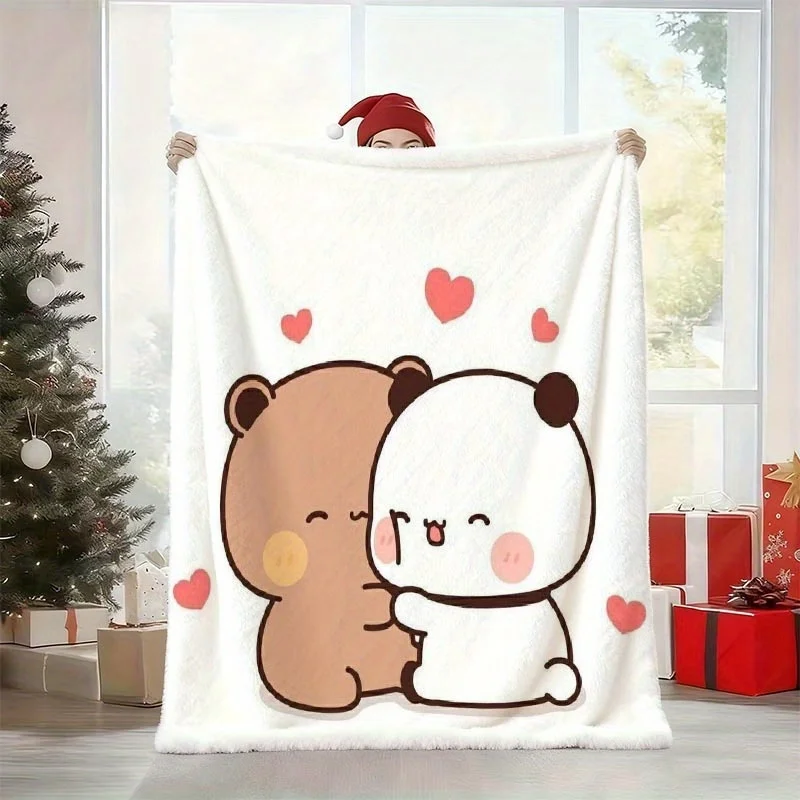 Newest Blanket Cute Brown Bear Panda Heart Print Flannel Blanket Kawaii Soft Warm Sofa Bed Throw Blanket