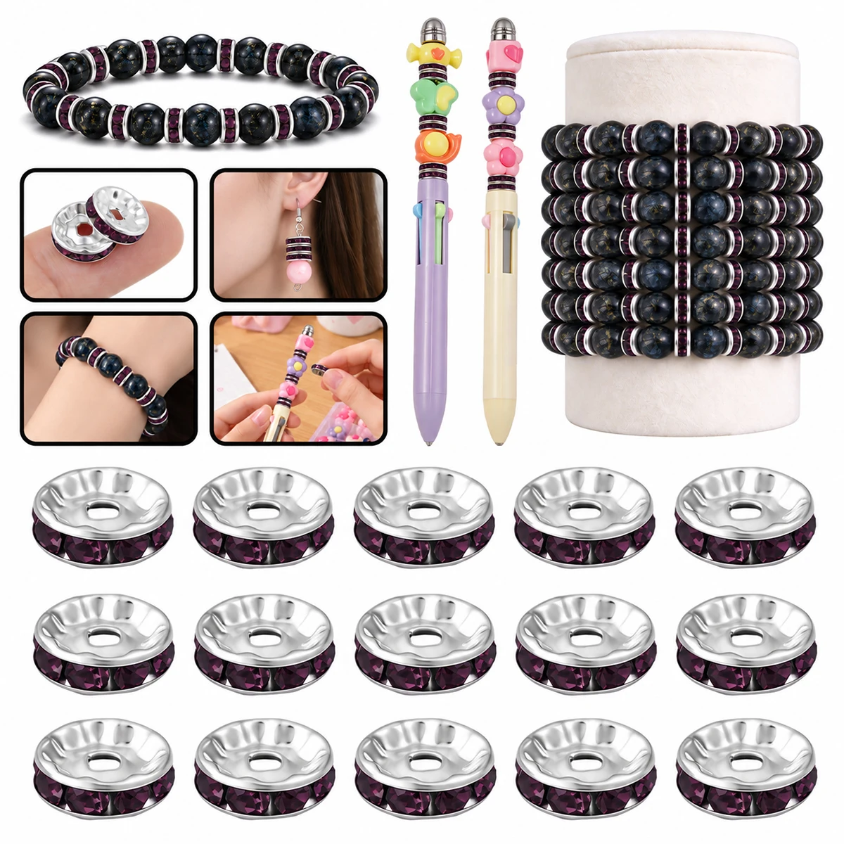 6/8/10mm 20/30/50Pcs Deep Purple Metal Rhinestone Crystal Rondelles Beads for Jewelry Making DIY Bracelets Necklace Accessories