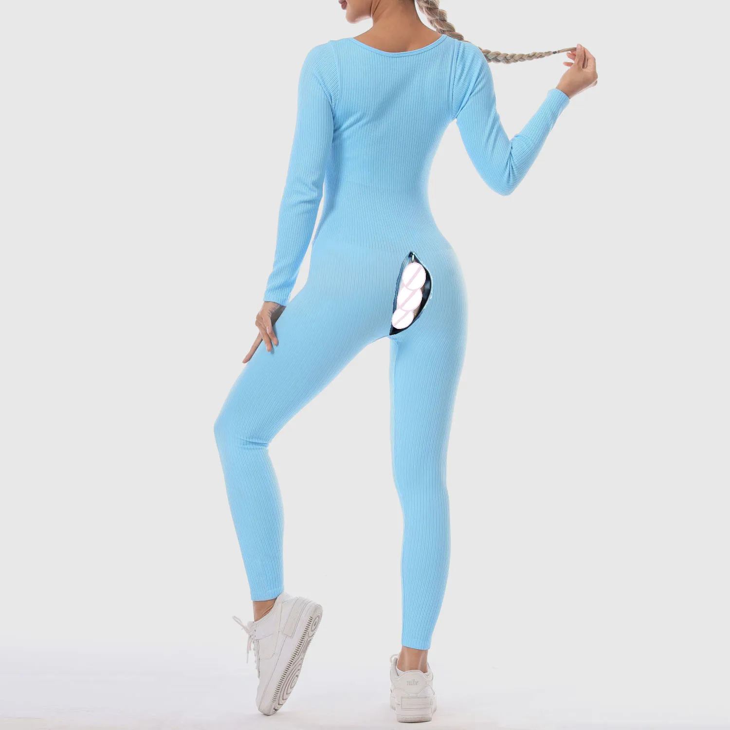 Ensemble de yoga à manches longues pour femme, pantalon sexuel invisible, entrejambe ouvert, leggings de sport sexy sans couture, fitness serré une