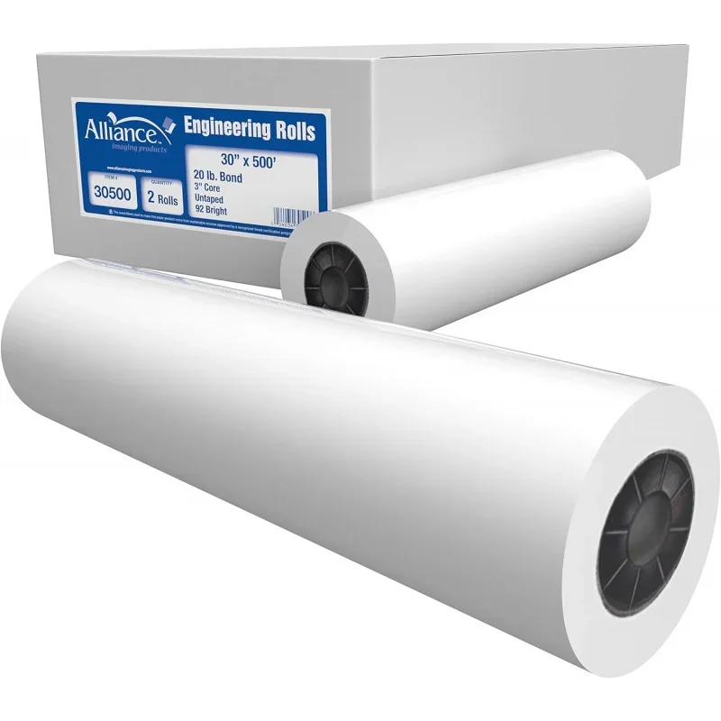 Wide Format Paper 30” x 500’ Rolls Engineering 92, 20lb - 2 Rolls Per Carton with 3” Core