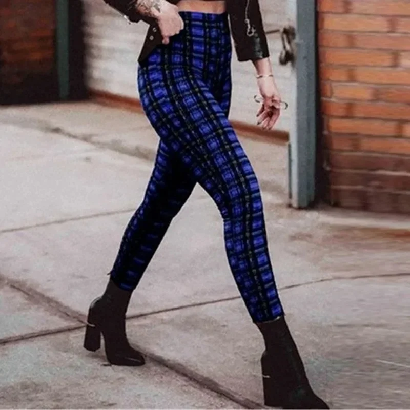 Spring Fall Women High Waist Leggings Elastic Fashion Small Leg Casual Pants Female Fitness Trousers Pencil Pants Skinny Plaid