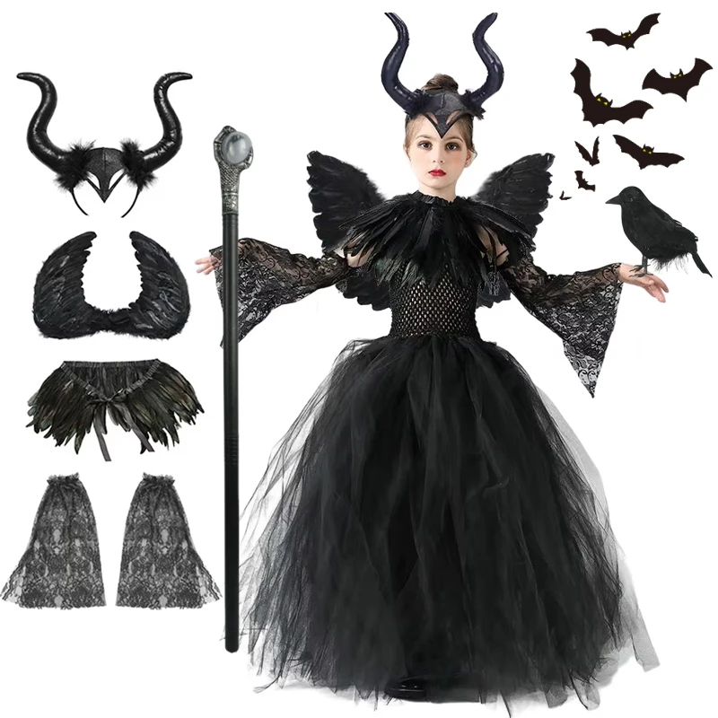 Halloween Costume Fashion Tutu Dress For Girls Cosplay Evil Queen Black Mesh Princess Dress Kids Crow Wand Demon Witch Gown