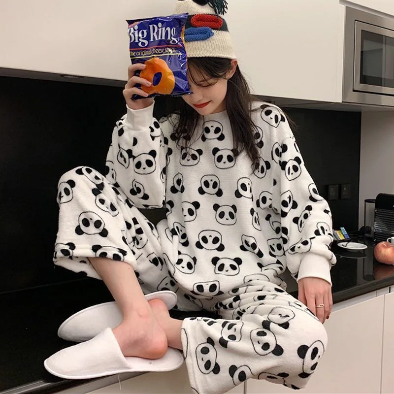 2024 New Coral Fleece Soft Women Clothes Cute Panda Printing Pajamas for Women Round Neck Long Sleeve Autumn Women Two Piece Set