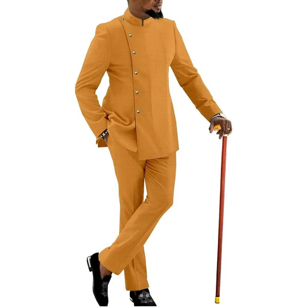 

African Yellow Men's Suits 2 Piece Jacket Pants Single Breasted Stand Lapel Outfits High Quality Male Clothing Formal Costume