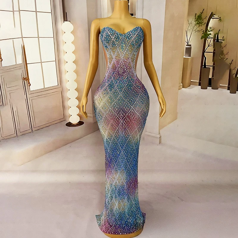 

Sexy Tube Top Rainbow Hot Diamond Resort Dress Socialite Birthday Party Model Catwalk Evening Dress Vestido De Fiesta Graduación