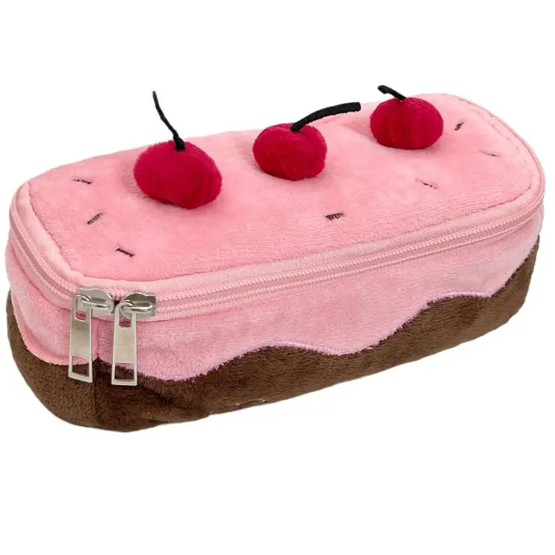 Kawaii Cherry Cake Design Stationery Organizer Plush Pencil Case Large Capacity Fuzzy Cute School Supplies Pouch Holder For Girl