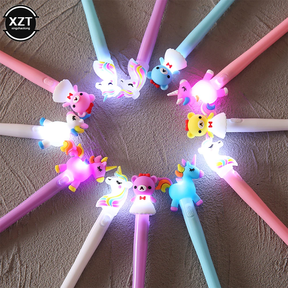 4Pcs/box 0.5mm Gel Pens LED Light Kawaii Colored Pony Unicorn Bear Luminous Pen Cute Gifts Stationery Office School Supplies