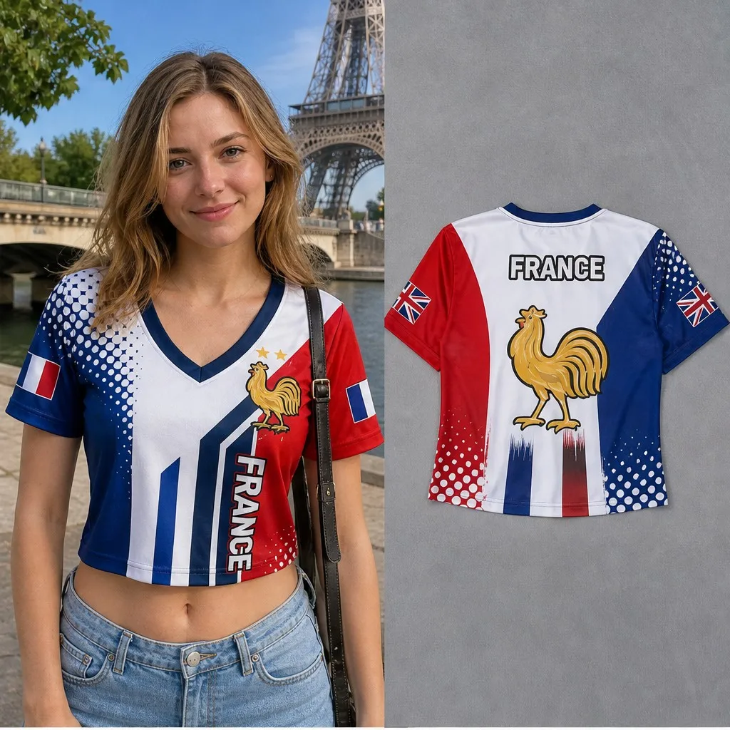 Womens V Neck Crop T Shirt France Rooster Dot Stripe Graphic Short Sleeve Paris Street Casual Summer Slim Top Style Tee New Wear