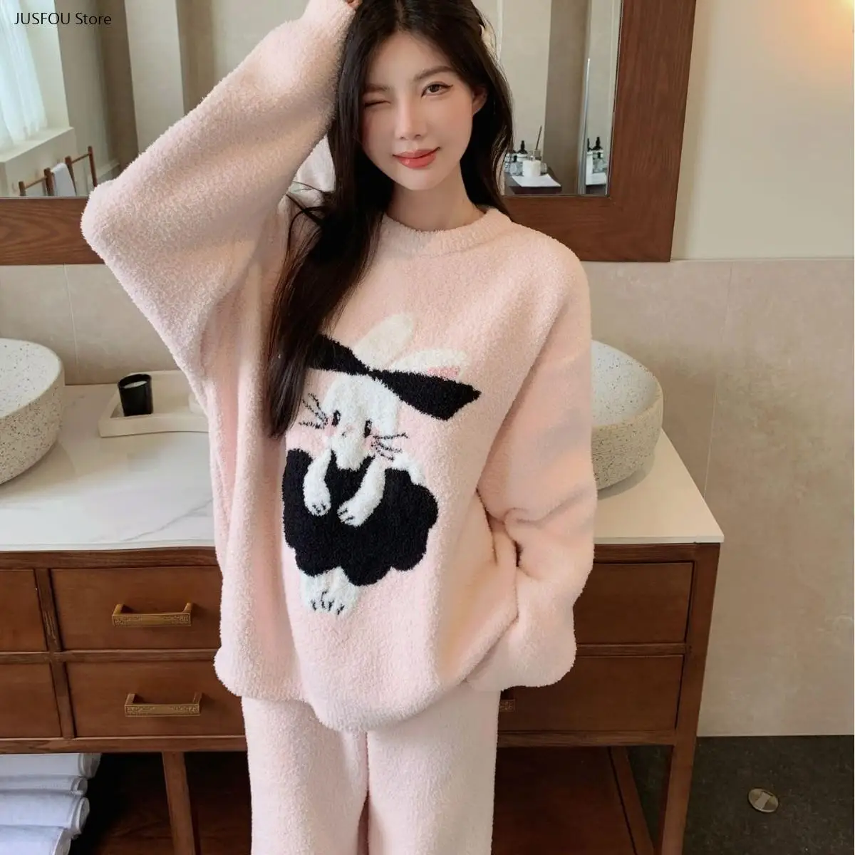 Women Winter Cute Teddy Bear Print Half Sided Fleece Pajama Set Long Sleeve Thick Sweet Soft Warm Casual Sleepwear Suit