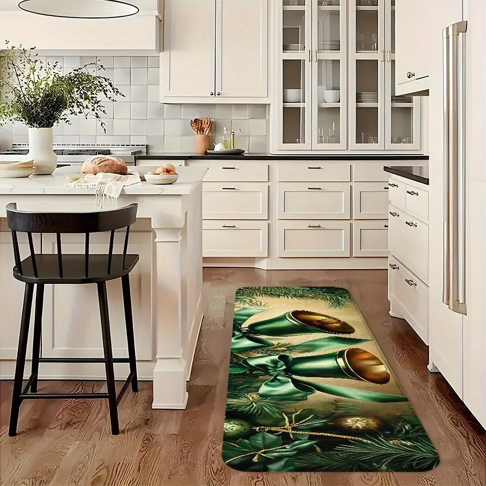 Green Christmas Bell Pine Bow Runner Mat Anti Slip Absorbent Rug Xmas Ornament Print Carpet for Bathroom Cooking Laundry Room