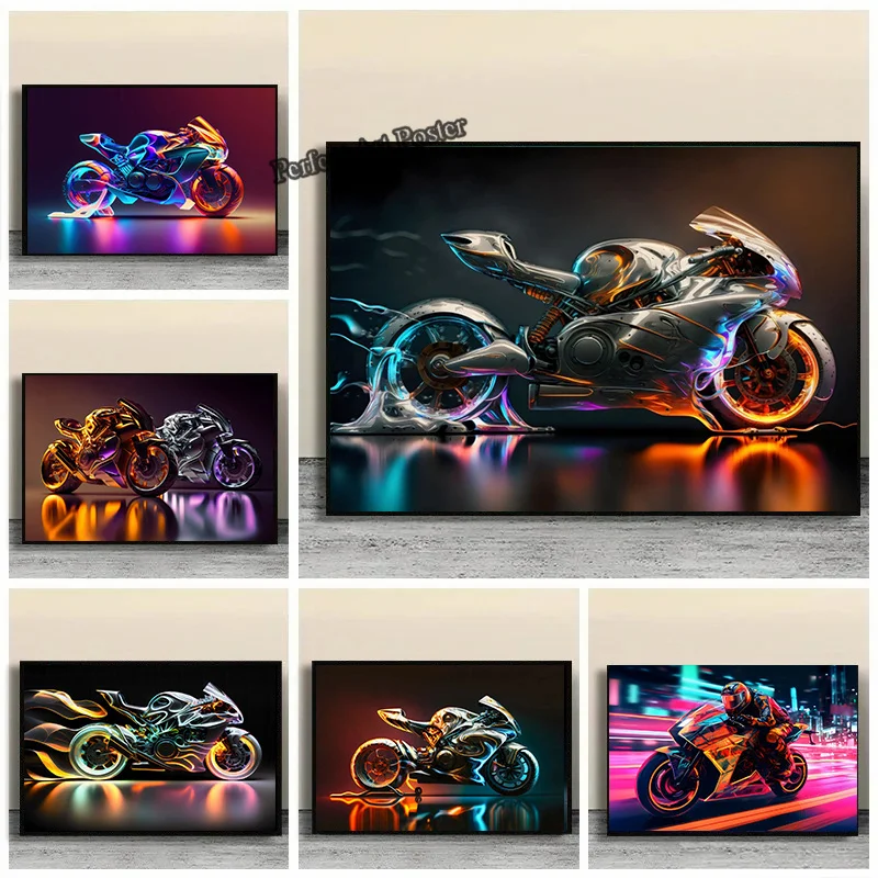 Neon Effect Motorcycle Poster Print Picture Wall Art Canvas Painting Room Home Decor Boy Girl Locomotive Enthusiast Gift NO LED