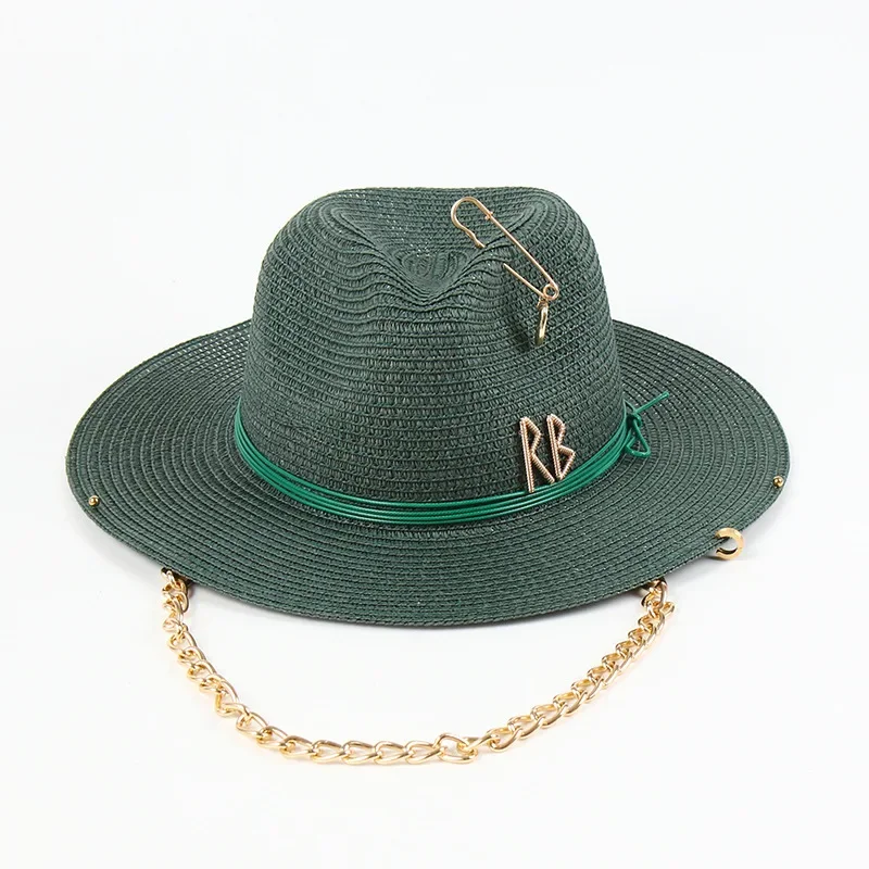 

Fashionable Metal RB Letter Straw Hats for Women Men Summer Outdoor Holidays Beach Sun Hat Panama Hat