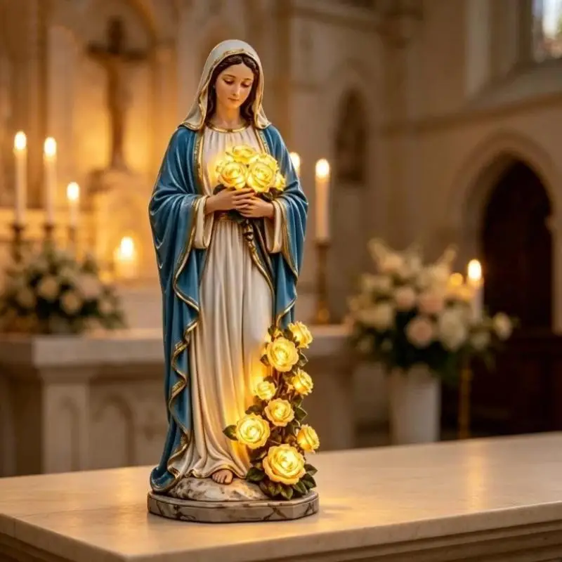 Resin Mary Statue 1Pcs Hand Painted LED Lighted Yellow Roses Portable Decor for Outdoor Religious Event Use