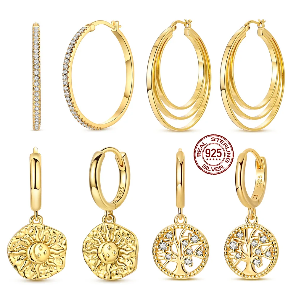 New In 925 Sterling Silver Golden Sun Moon Three-layer Circular Exquisite Earrings Suitable For Girls' Charming Jewelry Gifts