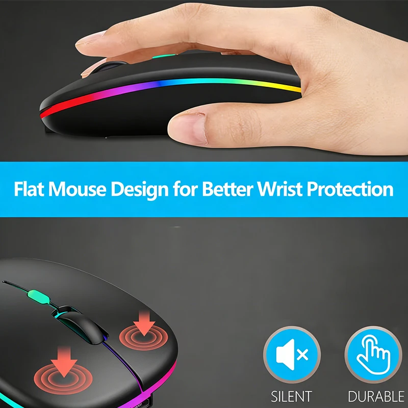 Mouse Sem Fio RGB Recarregável Bluetooth, Mouse Ergonômico para Jogos com LED Retroiluminado para Laptop