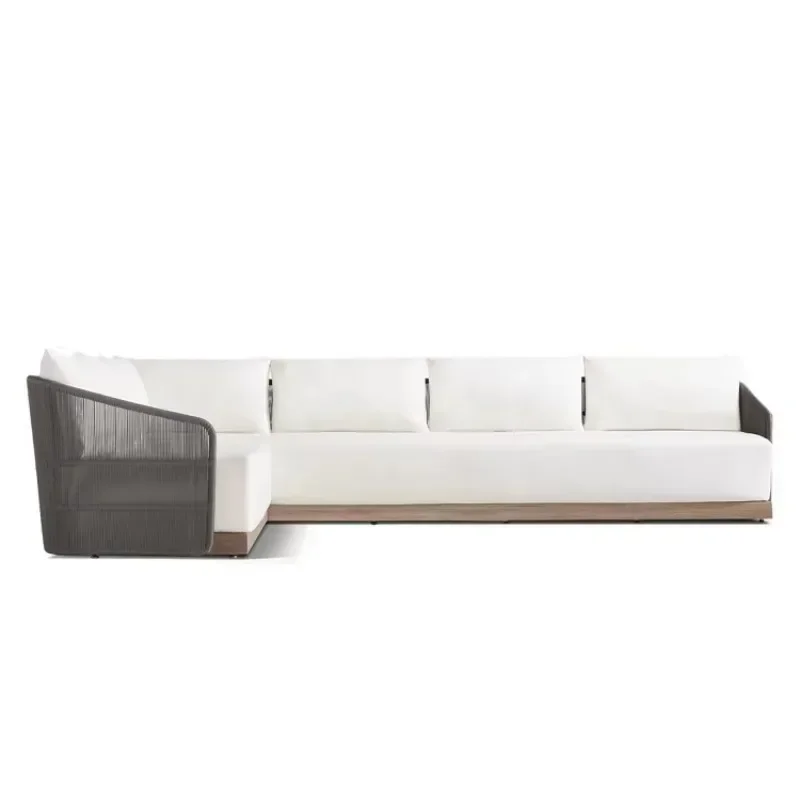 Nordic waterproof rattan sofa hotel furniture garden set, teak outdoor combination l-shaped sofa, terrace session set