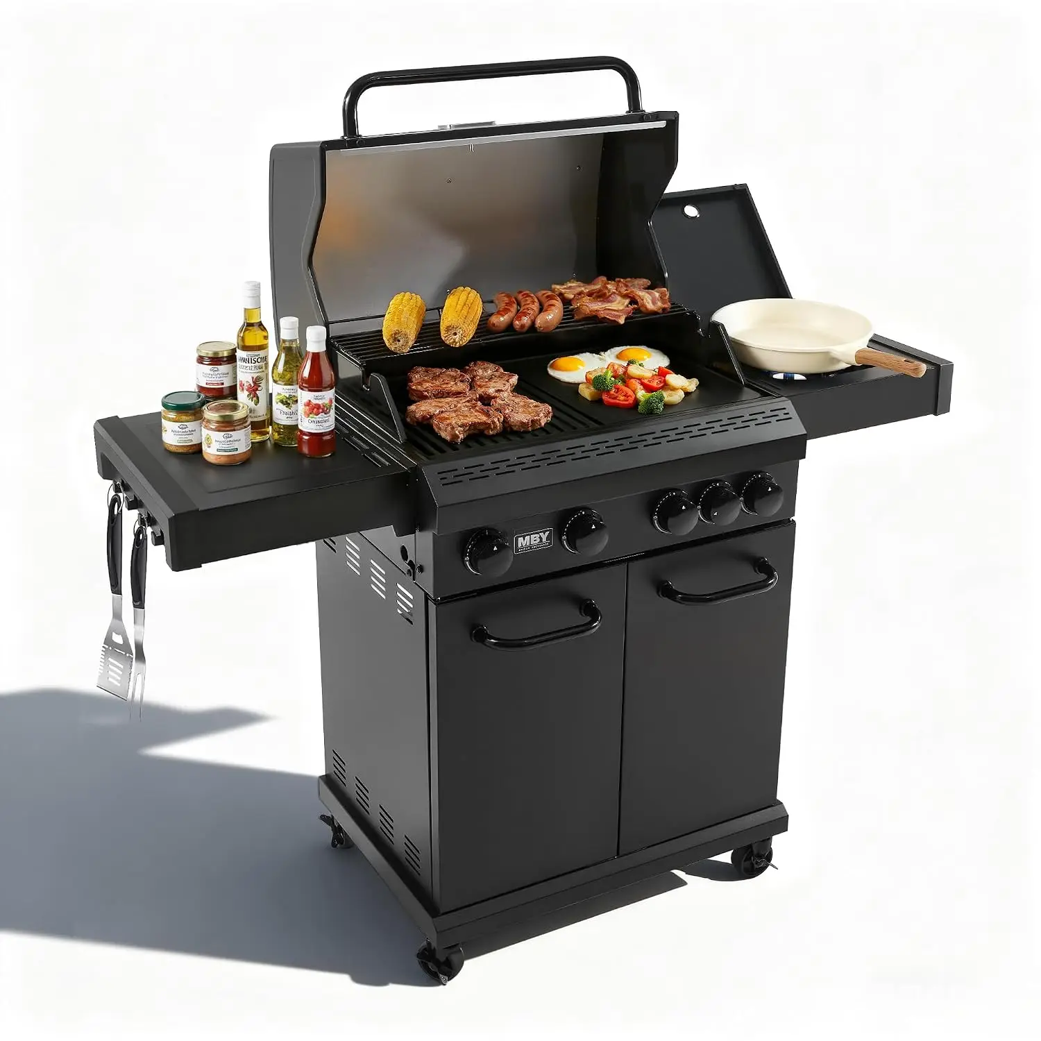 4+1 Burner Propane Gas Grill,47,000 BTU Outdoor BBQ with Enameled Cast Iron Grates and Side Tables, Portable for Backyard, Patio