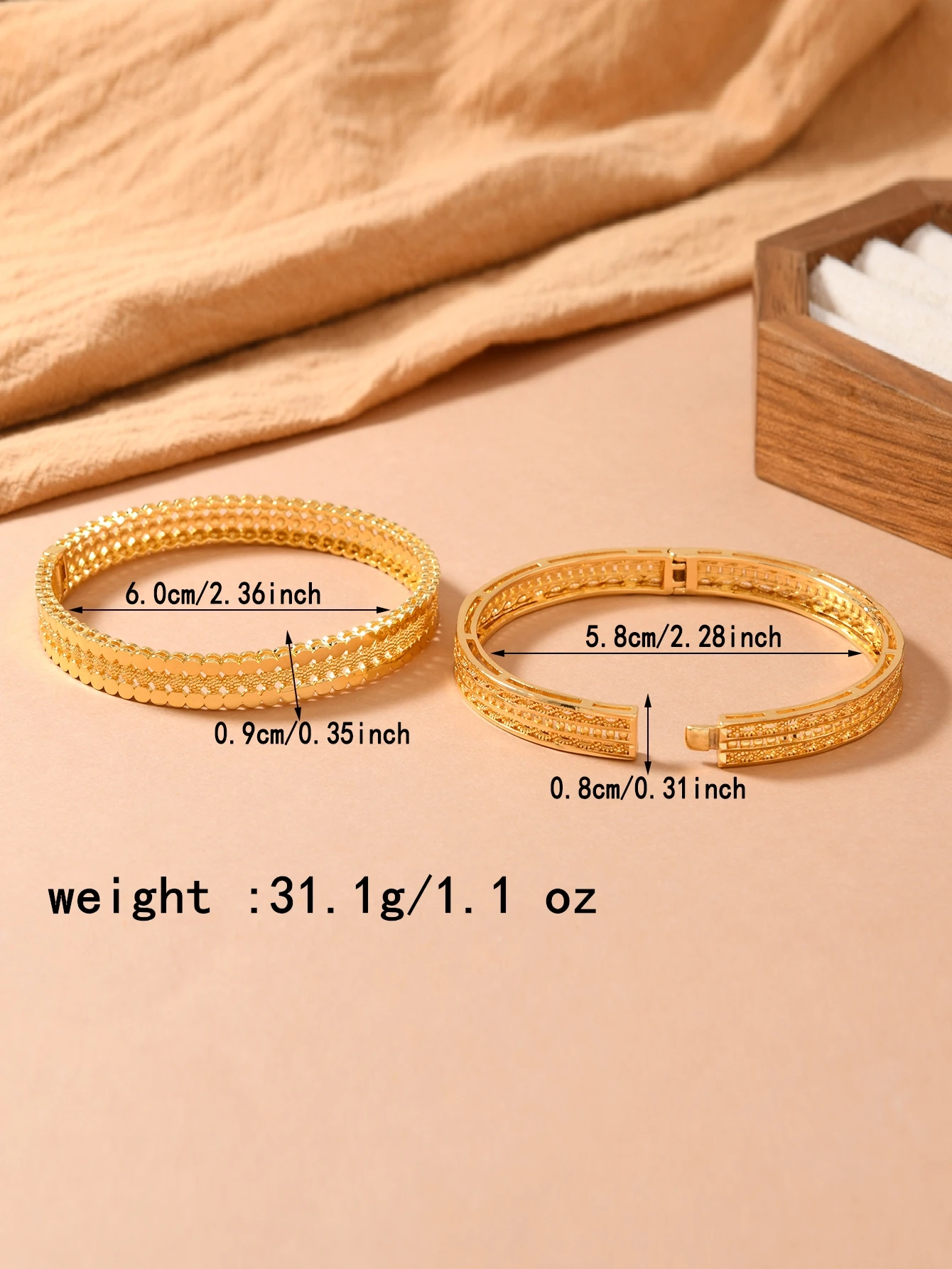 قطعتان من سوار نسائي أصفر متعدد الطبقات من النحاس المطلي بالذهب على الطراز العربي السعودي في الشرق الأوسط متعدد الطبقات بإبزيم مفتوح #5