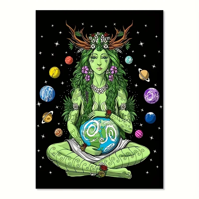 1pc Gaia Greek Goddess Canvas Poster - Enchanting Celestial Wall Art, Earth Mother Spiritual Print with Planets & Stars, Framele