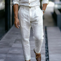 2025 Plus Size Mens Stand Pockets Cotton Linen Pants Solid White Ankle-Length Trouser Western Style Casual Beach Hotpants New