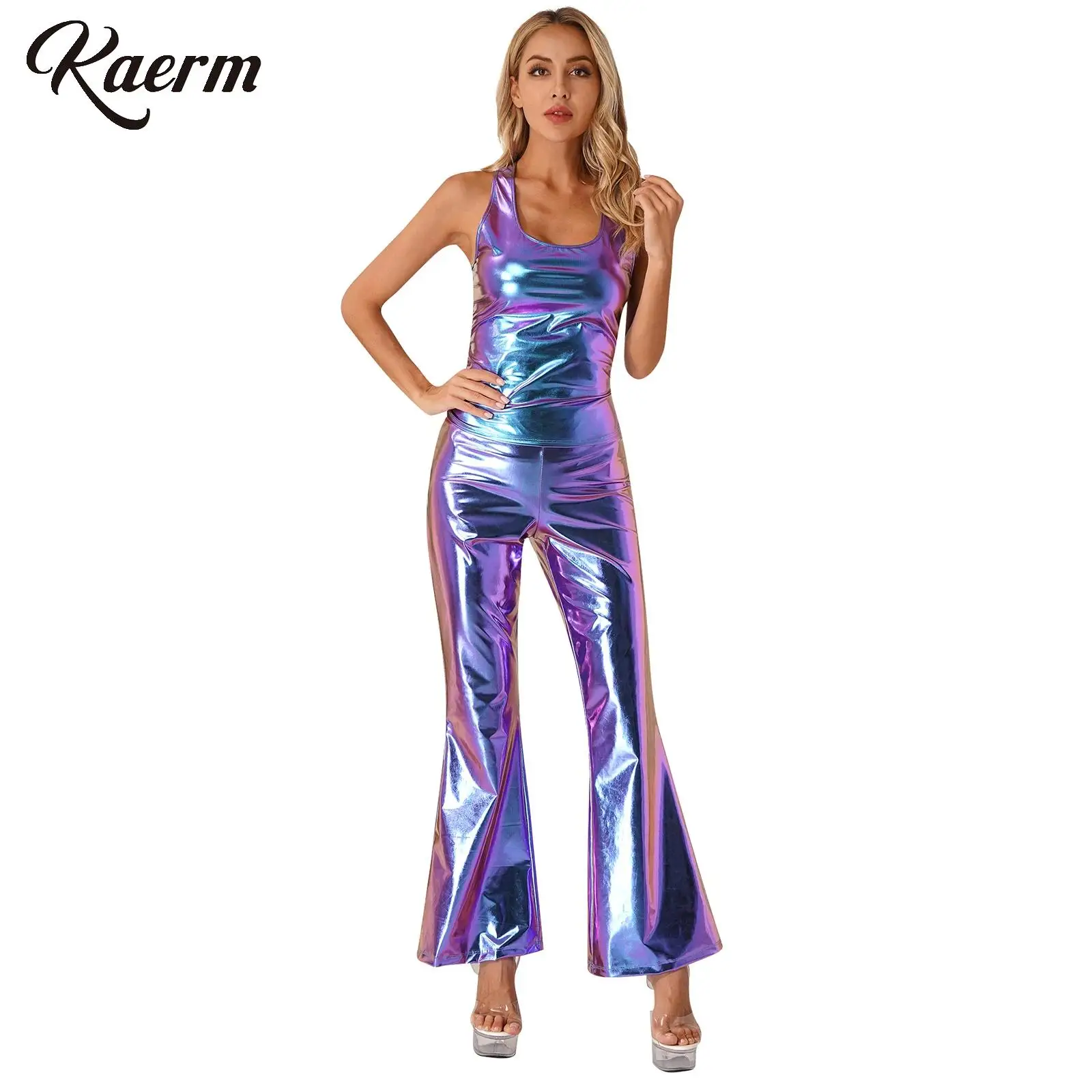 Women 2-piece Metallic Shiny Retro Vest Disco Sleeveless Racer Back Tank Top with Elastic Waist Flare Pants for 70's Theme Party