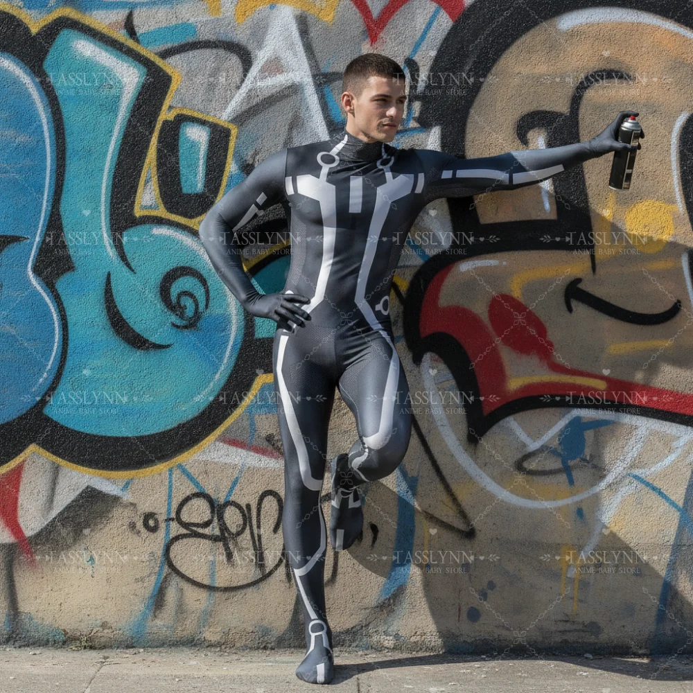 TRON Cosplay Zentai Bodysuit, Black White Circuit Line Jumpsuit, Men Sci-Fi Superhero Costume for Halloween Comic Con view 3
