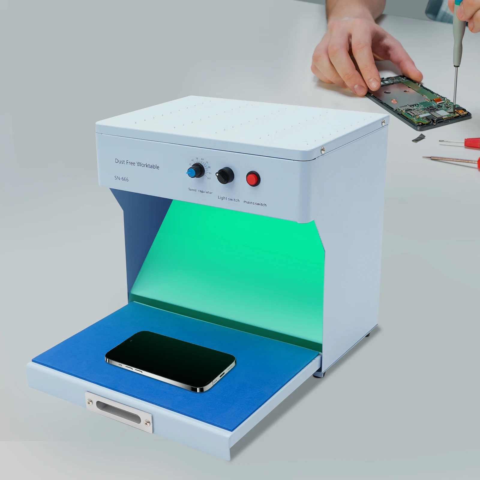 Estação de trabalho de chapa metálica de banco limpo de fluxo de ar, estação de trabalho retangular azul bebê 110V sem poeira para reparo de telefone LCD